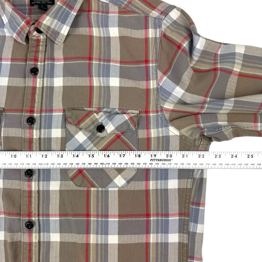 J. Crew Plaid Shirt Men's Large Tan Gray Red Flannel Button-up 100% Cotton Soft
